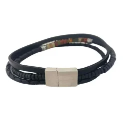 Svart Tredelat Läderarmband Jasper / Onyx Stenar