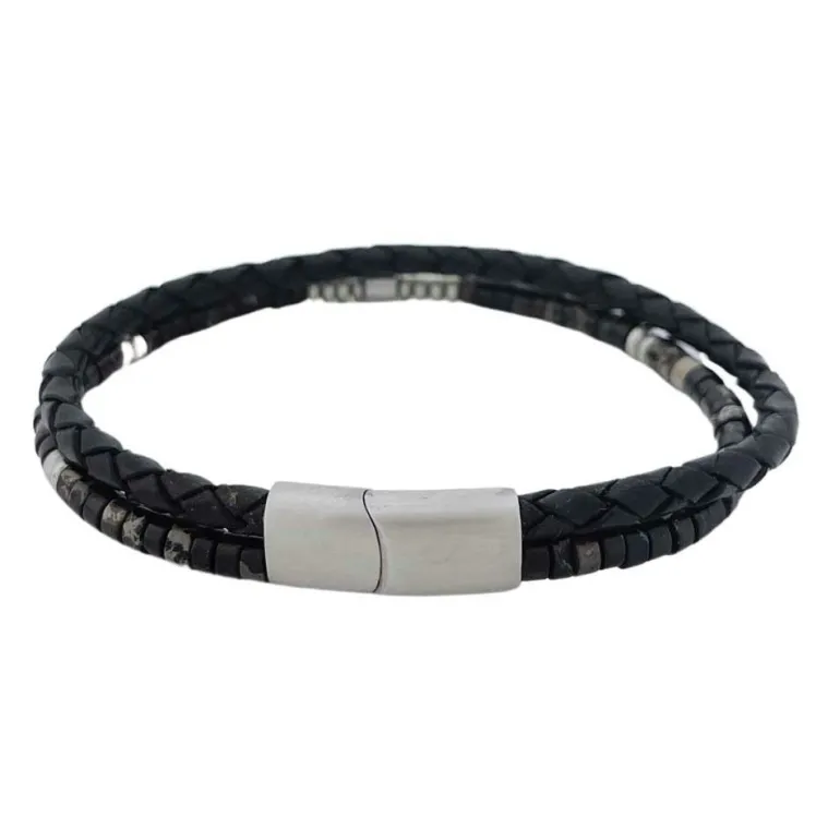 Svart Tredelat Läderarmband Regalite / Hematite Stenar