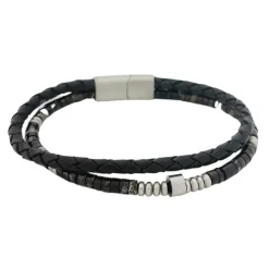 Svart Tredelat Läderarmband Regalite / Hematite Stenar