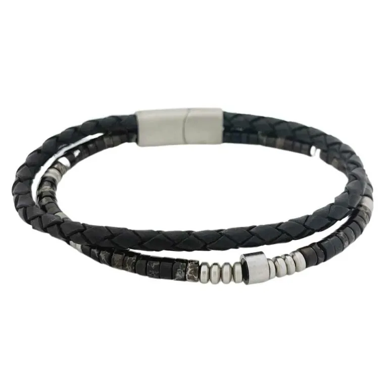 Svart Tredelat Läderarmband Regalite / Hematite Stenar