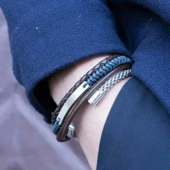 Tredelat Läderarmband Blå/ Brun